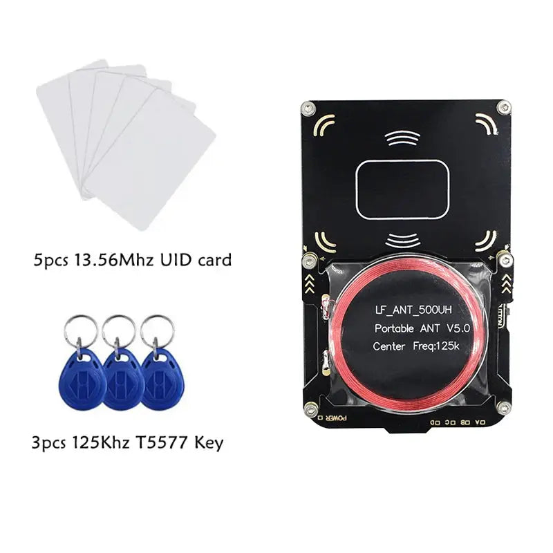 Simples Market Proxmark3 RFID reader/writer kit with 5 white UID cards and 3 blue T5577 keys beside the black device.
