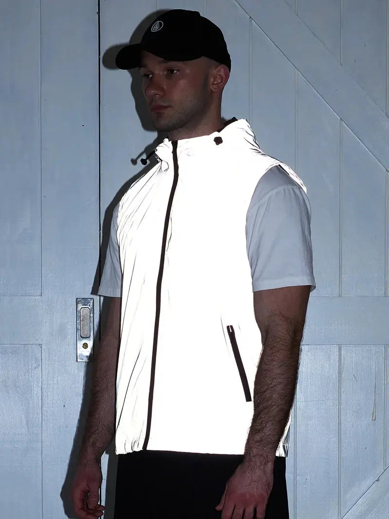 White reflective vest for men with full-front zipper and zip pockets, sleeveless lightweight streetwear