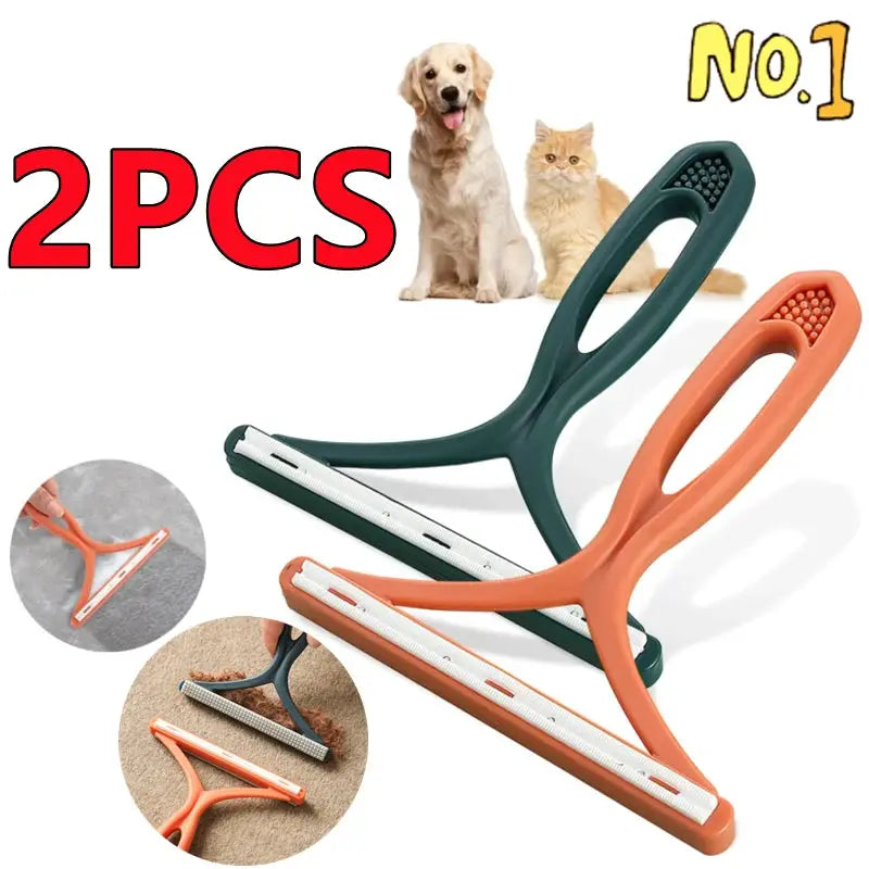 2Pcs silicone double-sided pet hair remover shaver for clothes and carpets in green and orange by Simples Market