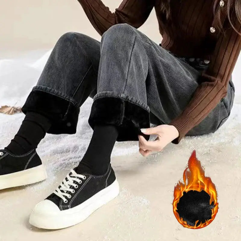 Winter Plush Thermal High Waist Jeans For Women Fleece Lined Pants