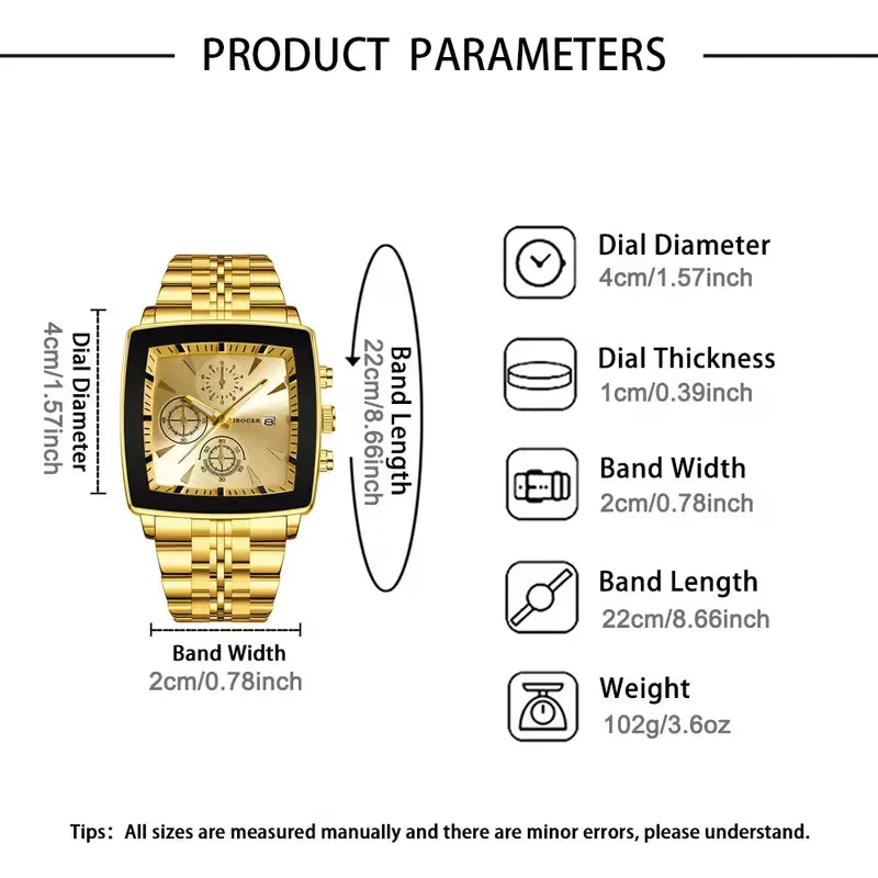 Luxury square-dial men's quartz wristwatch by Simples Market with calendar, gold stainless-steel band