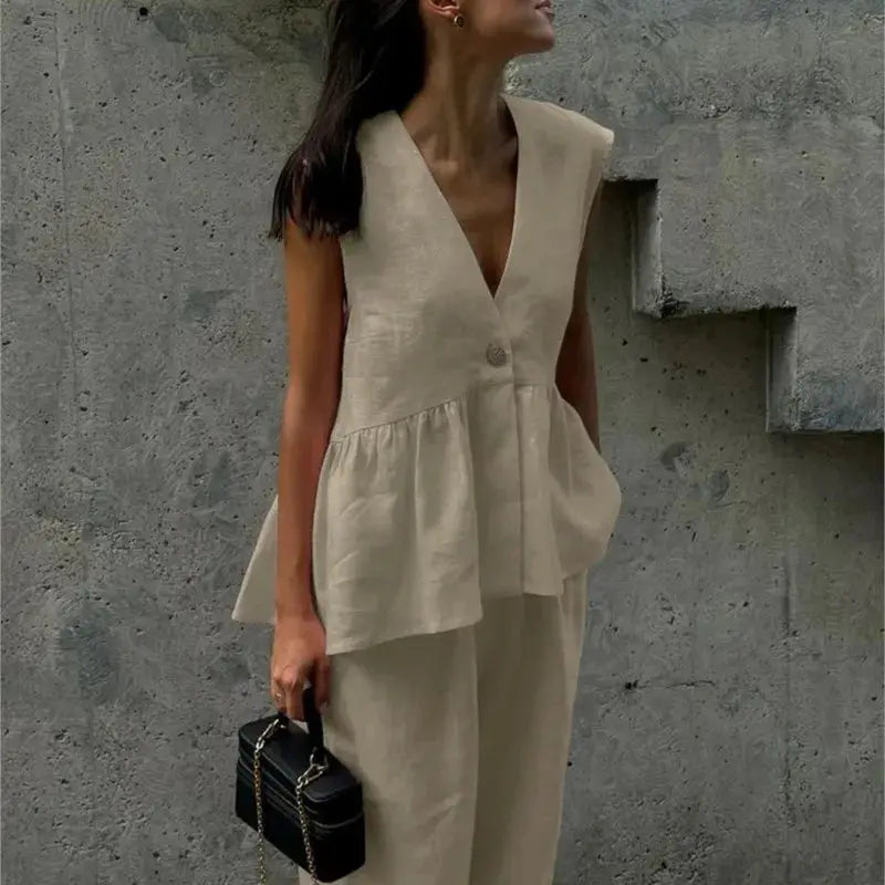 Women Sleeveless V Neck Top Two Piece Summer Set With Straight Pants