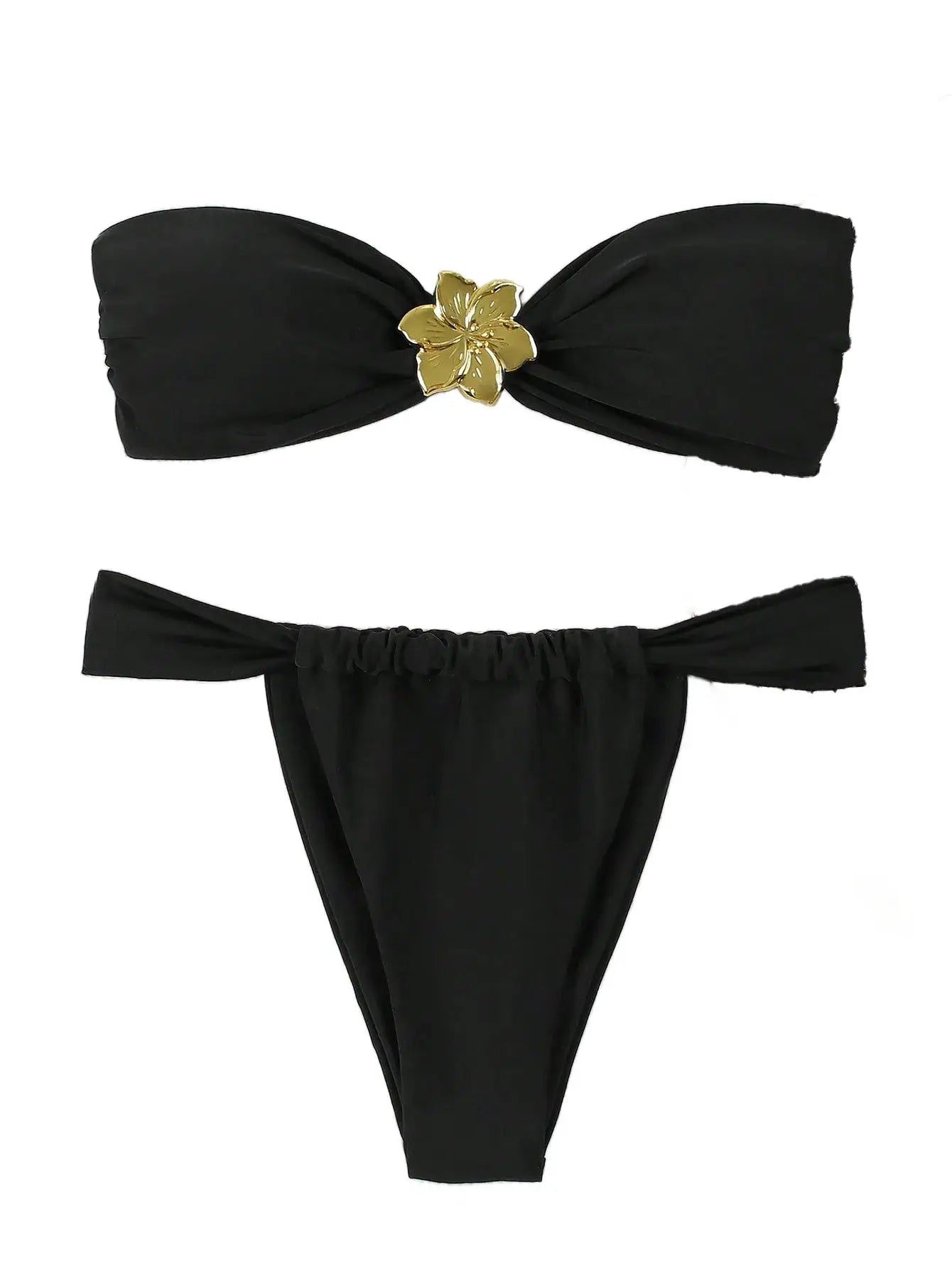 Simples Market black bandeau bikini set with gold flower centerpiece and Brazilian thong bottom
