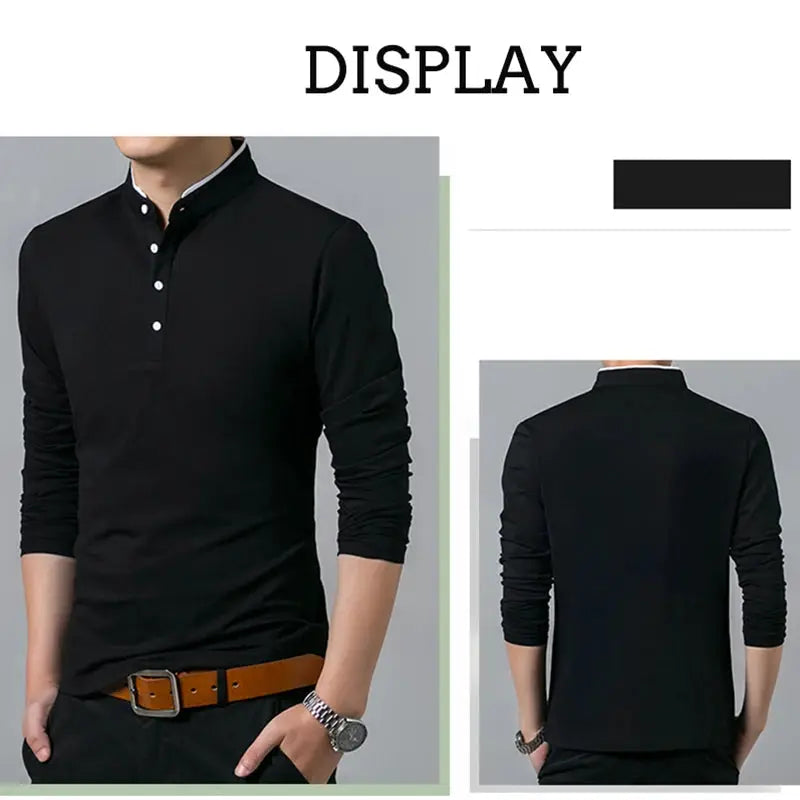 Men's black long-sleeve polo shirt, business casual, breathable; front and back views.