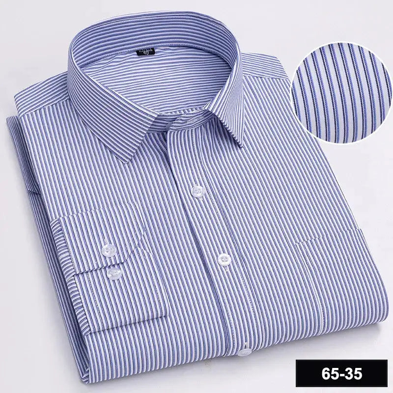 Simples Market men's long-sleeve striped shirt with a single chest pocket in blue and white vertical stripes.