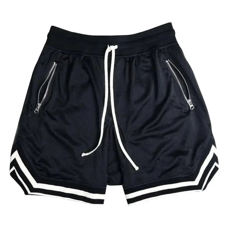 Men's black mesh basketball shorts with white drawstring, zip pockets, and striped hem