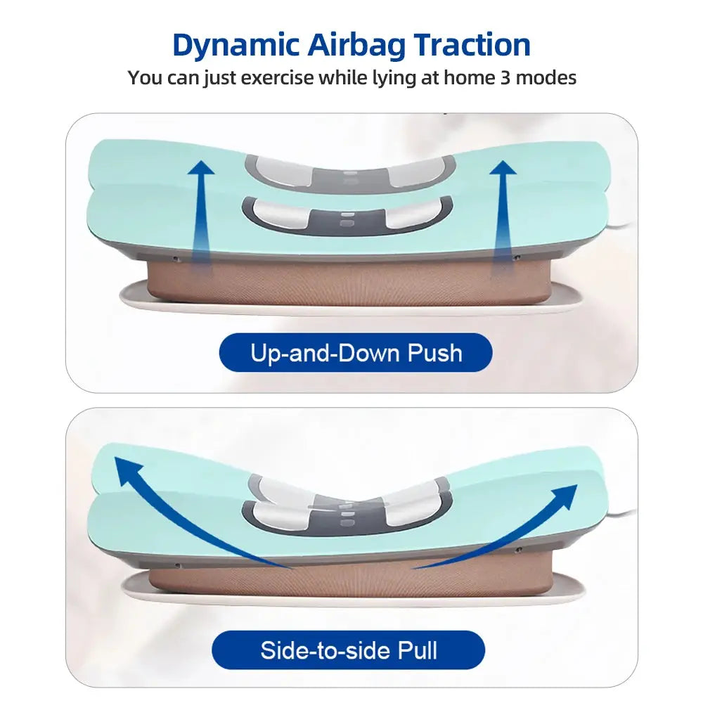 Electric Lumbar Traction Massager by Simples Market, teal blue pad with brown cushion, adjustable vibration.