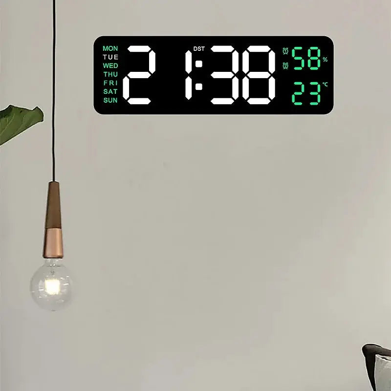 9-inch black digital wall clock with green LED digits; USB-powered, shows 1:30, Mon-Sun, 58% humidity, 23°C
