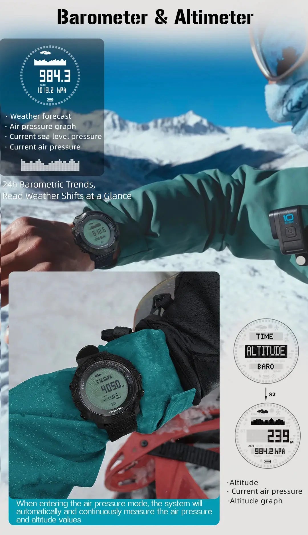 North Edge Apache-D men's digital dive watch; barometer, altimeter, 100m waterproof