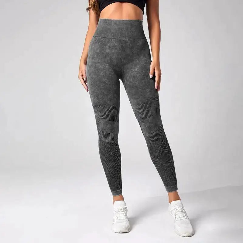 Ladies' high-waist gray quick-dry yoga leggings by Simples Market with textured panels