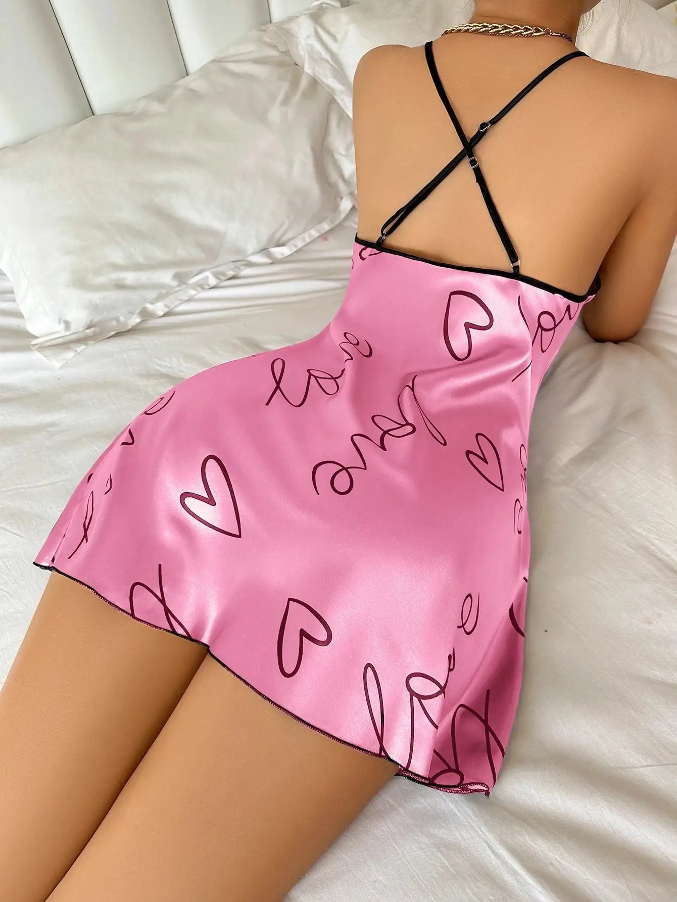 Heart Letter Print Nightdress Silk Polyester Blend Breathable Comfort Round Neck Spaghetti Straps For Women