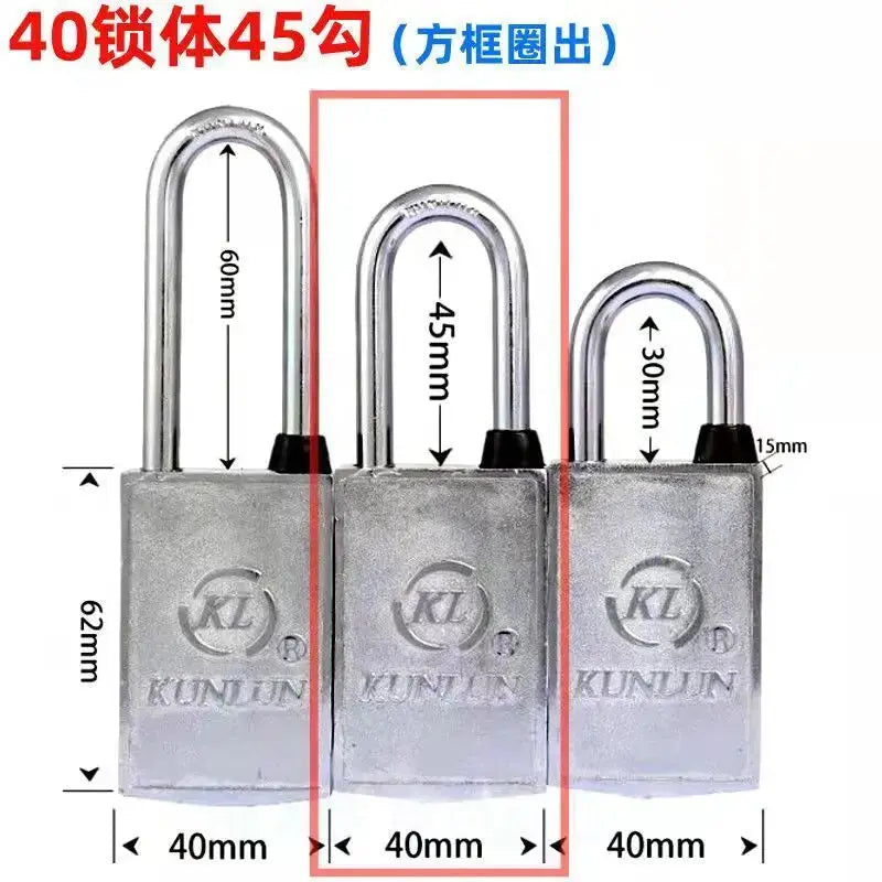 Padlock set of 3 metal Kunlun magnetic padlocks with U-shaped shackles in 60mm, 45mm and 30mm sizes.