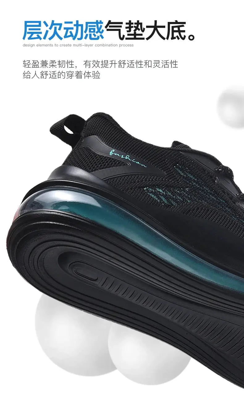 Men's black knit sneakers with thick sole and teal translucent midsole.