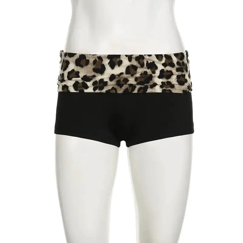 Women's leopard-print waistband booty shorts with black low-rise panel