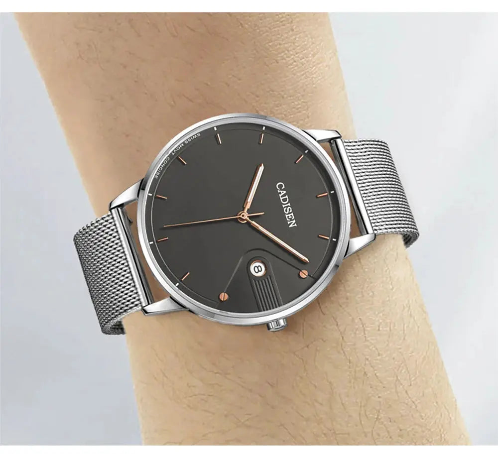 CADISEN men's stainless steel Milano mesh watch with dark dial, rose-gold hands, and date window
