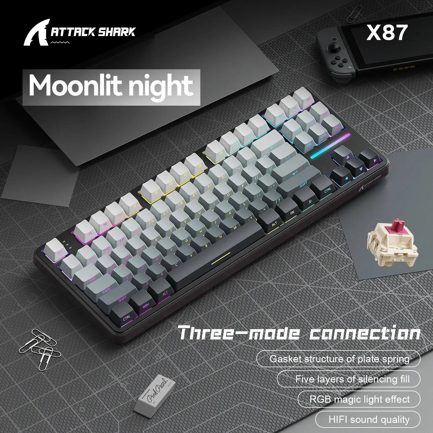Attack Shark X87 Macro Drive Bluetooth Mechanical Keyboard 87 Key Hot Swappable RGB Lighting