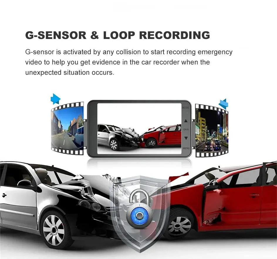 Dashcam mirror DVR with 4.0-inch display, Simples Market, front and rear cameras, full HD 1080P night vision.