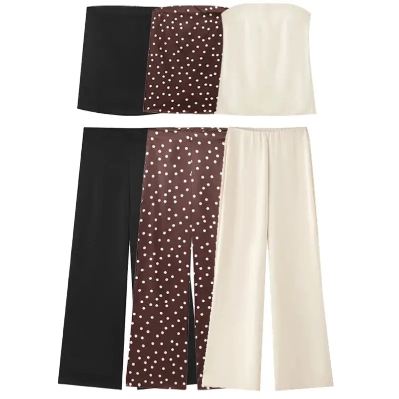 Satin Two Piece Set Women Off Shoulder Strapless Vest High Waist Pants