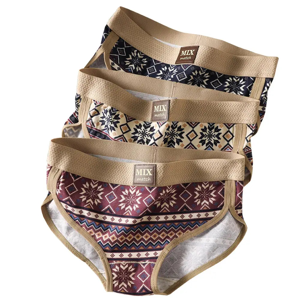 3-pack women's 100% cotton briefs with vintage-print patterns and beige elastic waistbands, MIX match