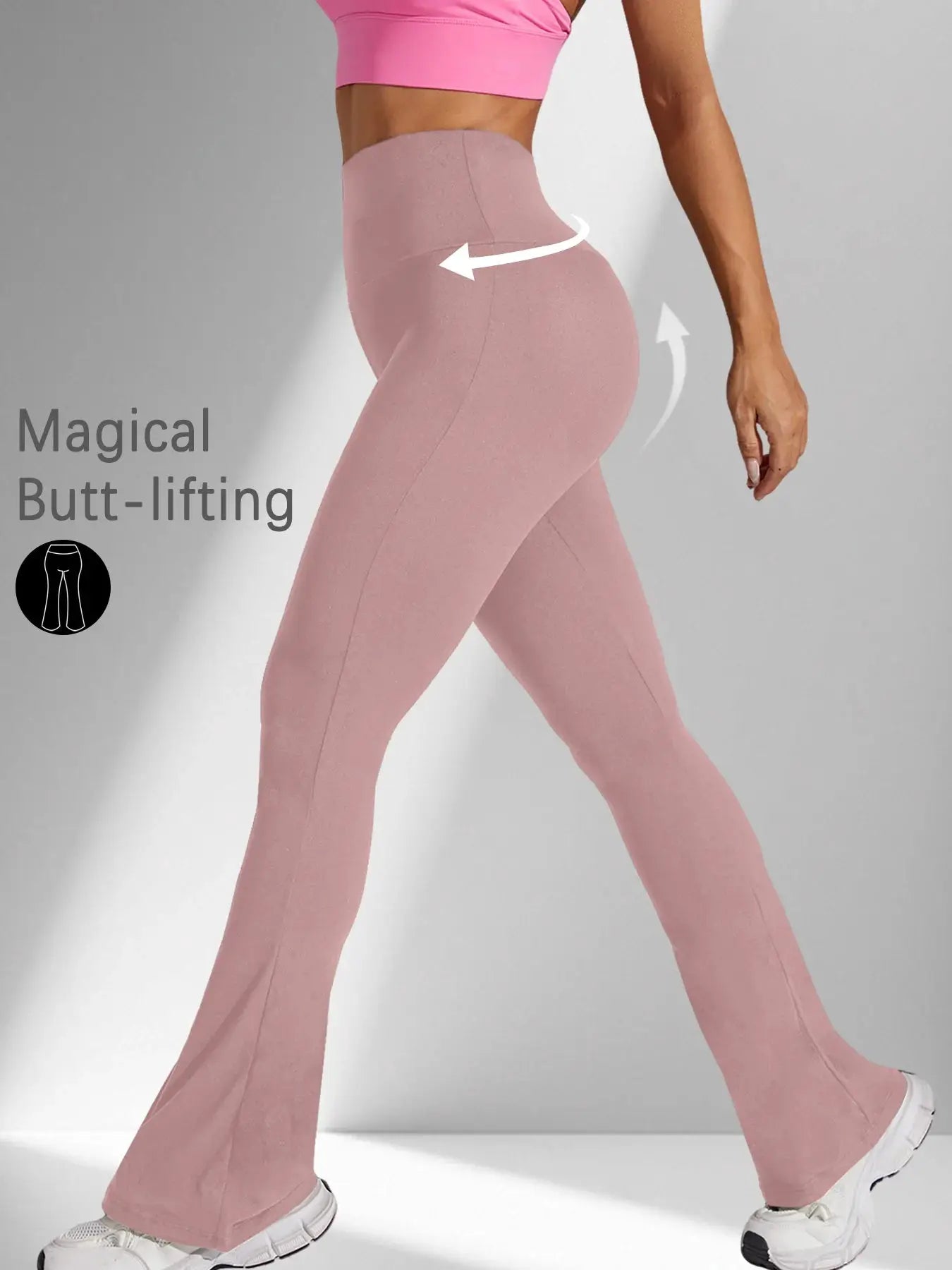Women's super soft blush pink high-waisted flare bell-bottom yoga pants with tummy control