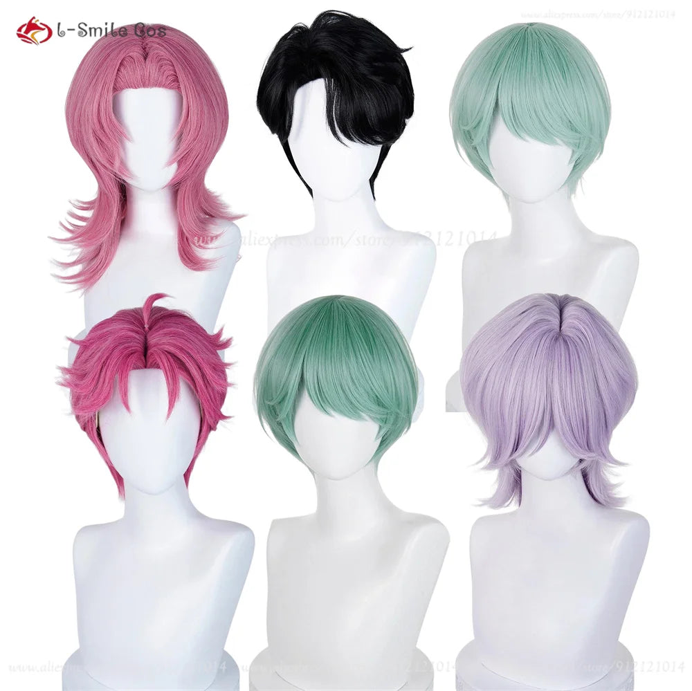 Anime cosplay wigs set: six heat-resistant synthetic wigs in pink shades, black, mint green, lavender, and teal