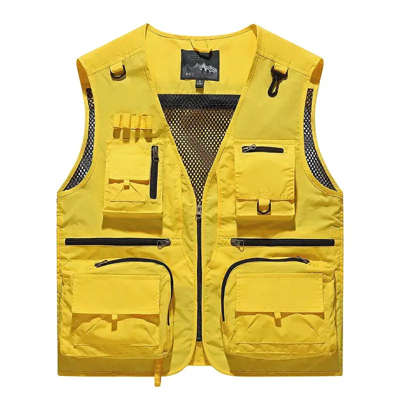Men's outdoor vest, yellow, multi-pocket with mesh panels and zip front, Simples Market