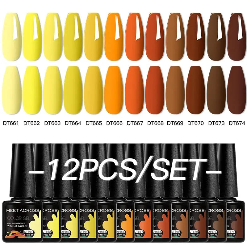 MEET ACROSS 12PCS Gel Nail Polish Set by Simples Market; yellow to brown glossy semi-permanent shades