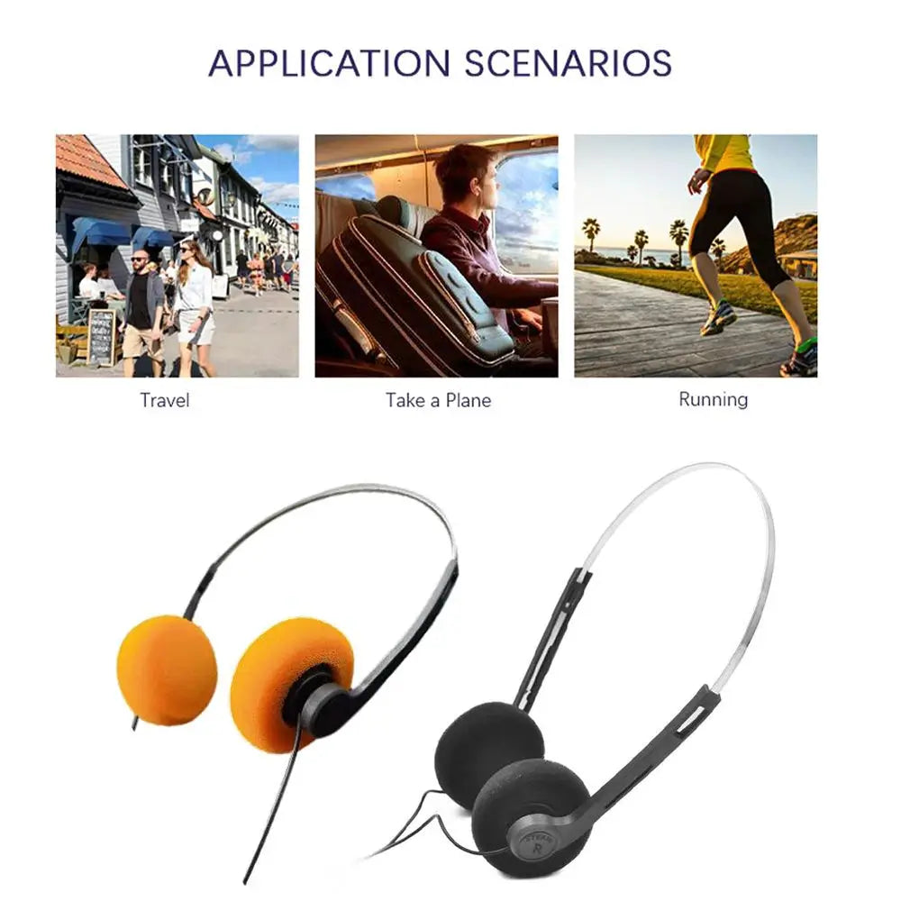 Simples Market on-ear wired stereo headphones with 3.5mm plug; one with orange foam cushions and one with black cushions.
