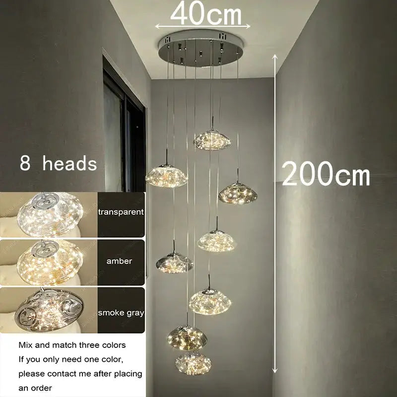Simples Market eight-head modern pendant chandelier with glass bubble shades; 200 cm hanging length.