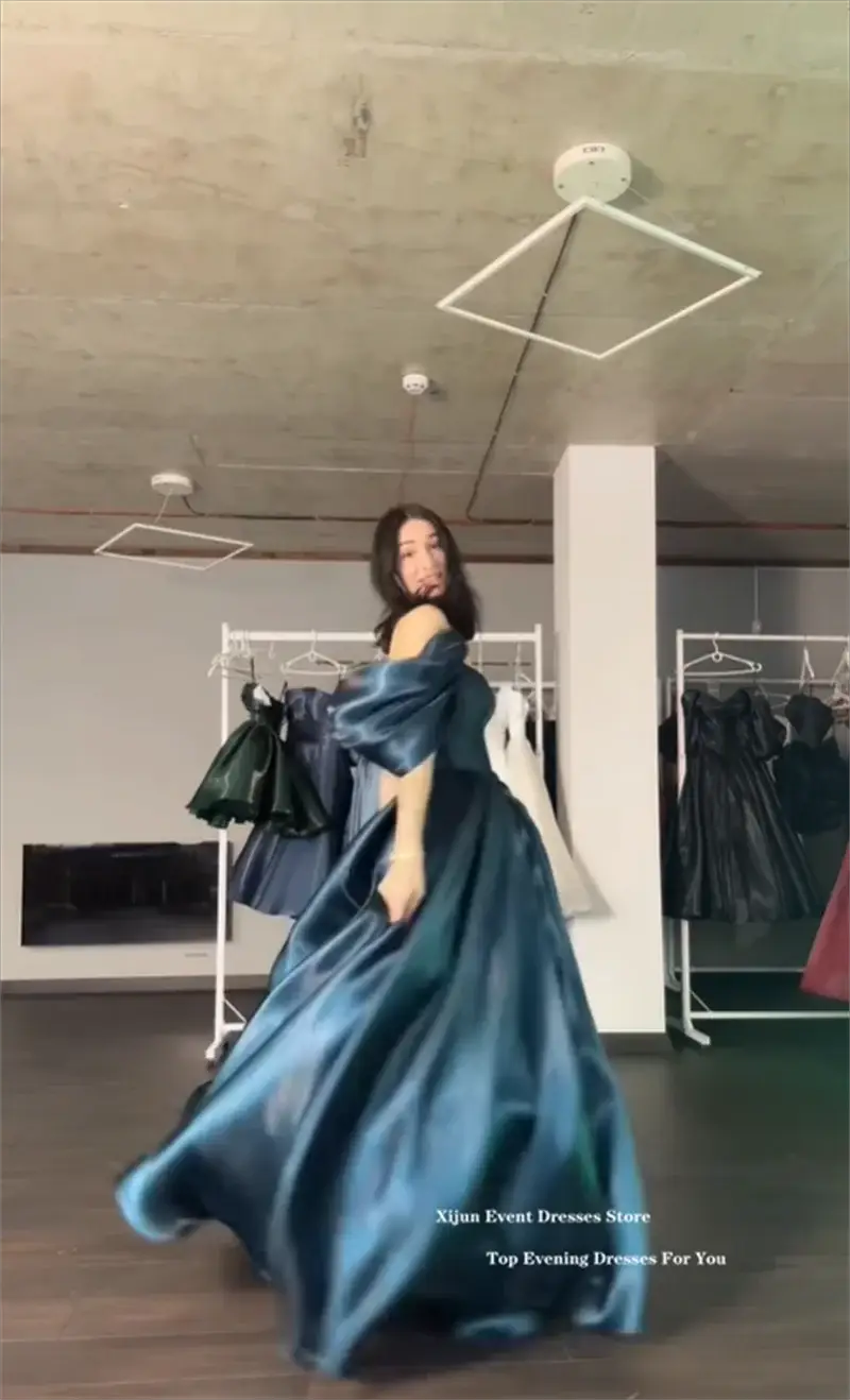 Xijun Turquoise Off Shoulder A Line Evening Gown Satin Prom Dress