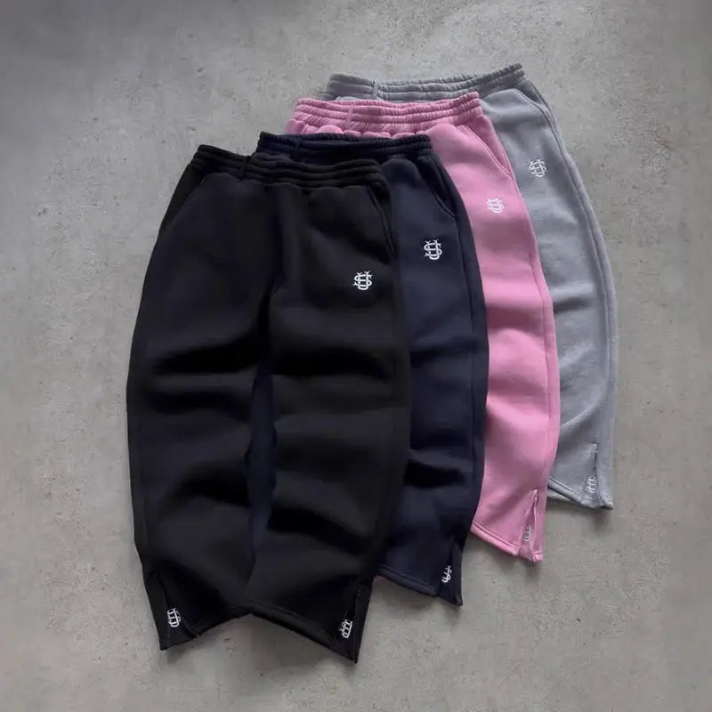 Autumn drawstring zipper sweatpants by Simples Market in black, navy, pink, gray, lavender; high-waist joggers
