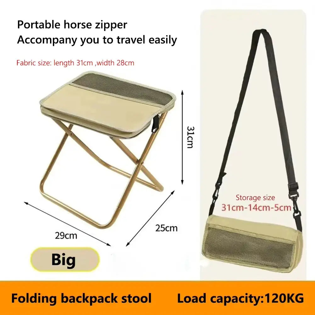 Folding backpack stool by Simples Market in beige with a shoulder strap for portable outdoor use