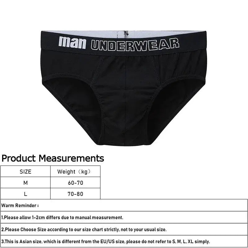 Men's black cotton briefs with elastic waistband, breathable and comfortable underpants in M–L size