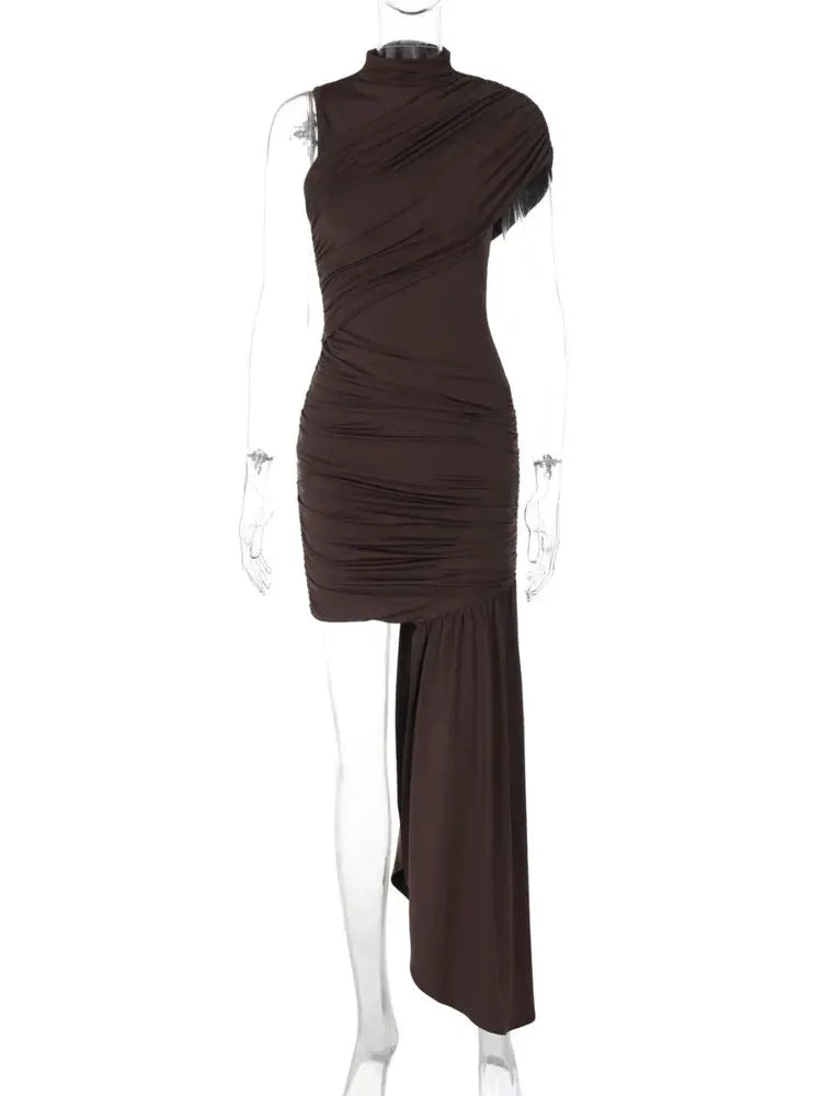 Mozision Irregular Draped Ruched Sexy Mini Dress With Turtleneck Sleeveless High Waist Pleated Club Party Look