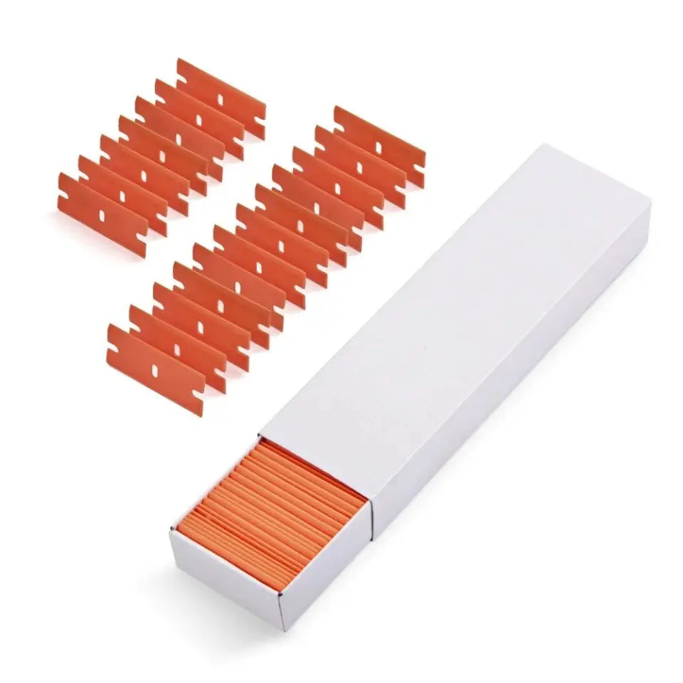 Plastic razor blade set, orange, Simples Market, 100 pieces for window glue removal and car wrap scraping