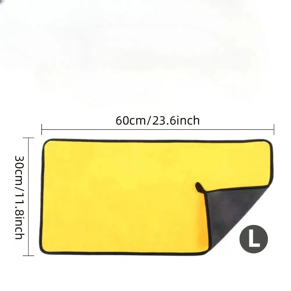 Yellow microfiber car cleaning towel with black edging, 60×30 cm, size L.