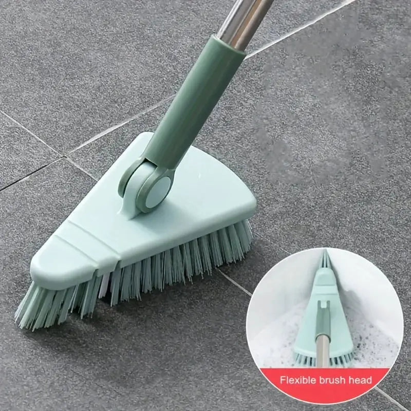 Triangle floor brush with a long detachable handle in green for cleaning bathtub and floors by Simples Market.