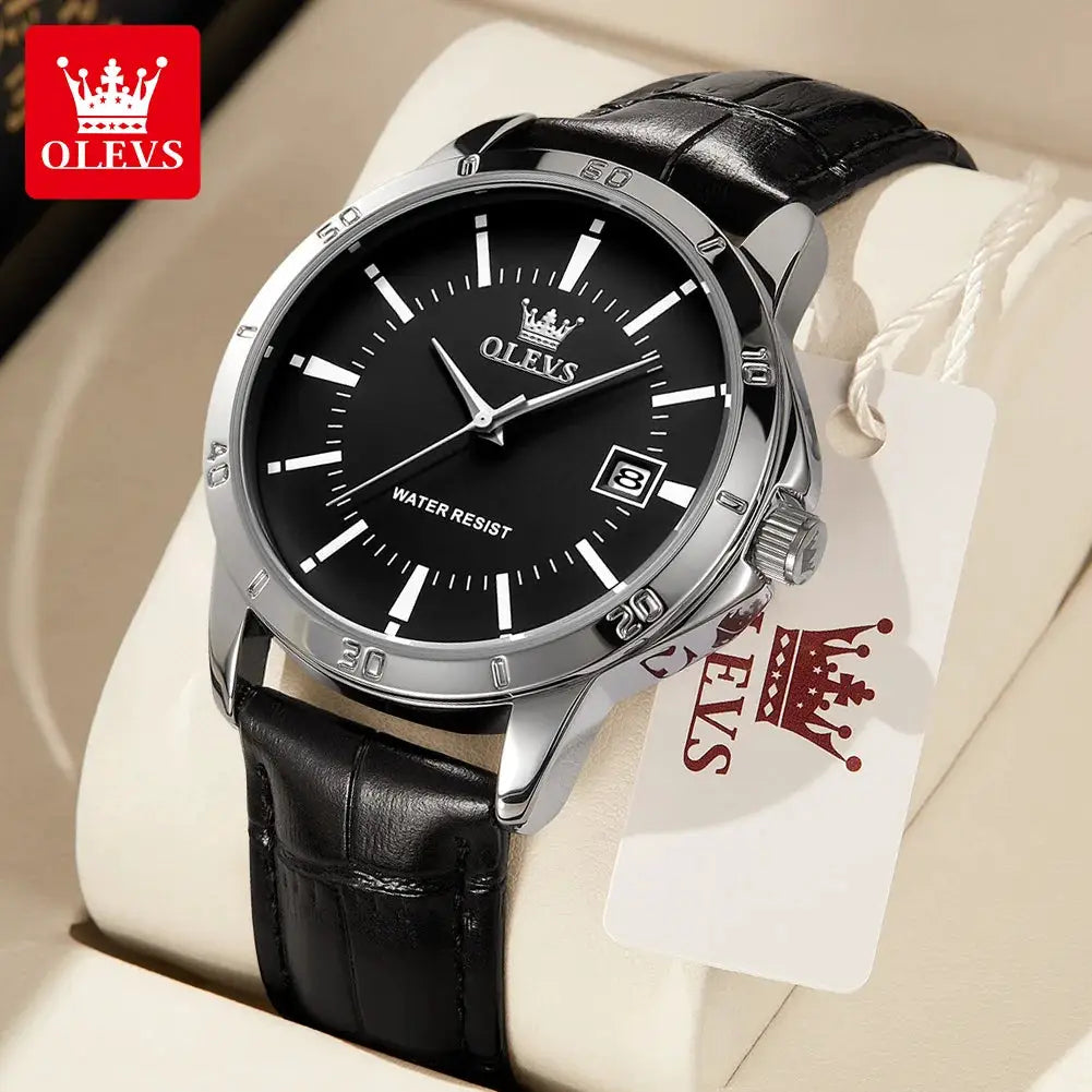 OLEVS men's watch with black dial, silver bezel, black leather strap, date window, water resistant