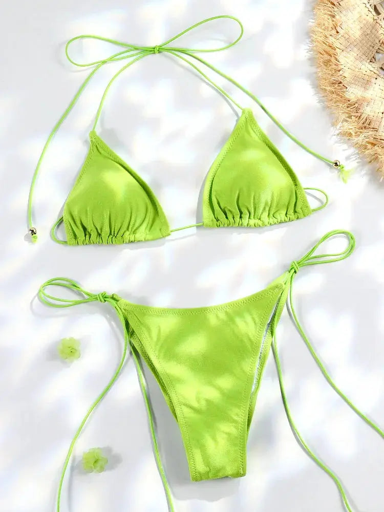 Sexy Triangle Bikini Set For Women Micro Thong Swimsuit Bandage Beachwear With Print Bathing Suit