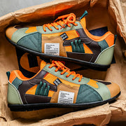 Men's casual hiking sneakers, orange laces, orange-green-tan patchwork panels