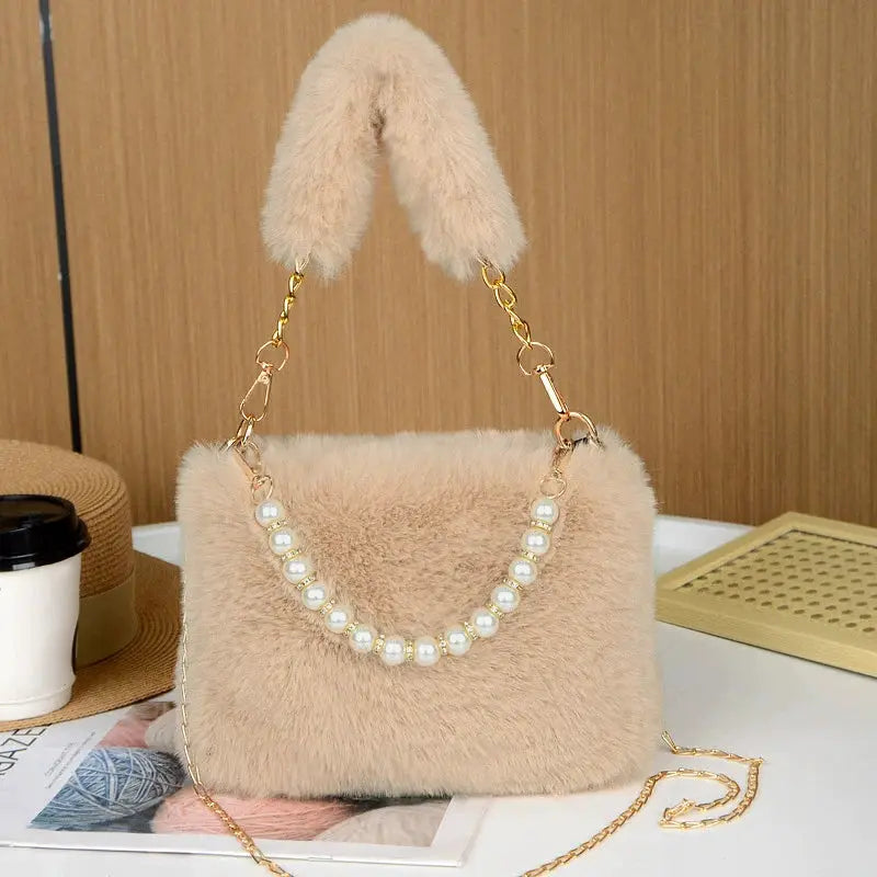 Pearl rabbit fur handbag from Simples Market; beige crossbody with pearl strand chain handle