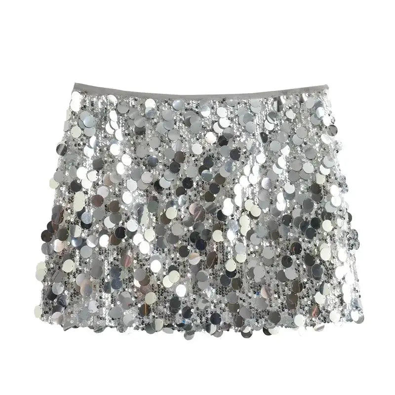 Silver Sequin High Waist Mini Skirt For Women Shiny Glitter Y2K Fashion Party Short Skirt Elegant