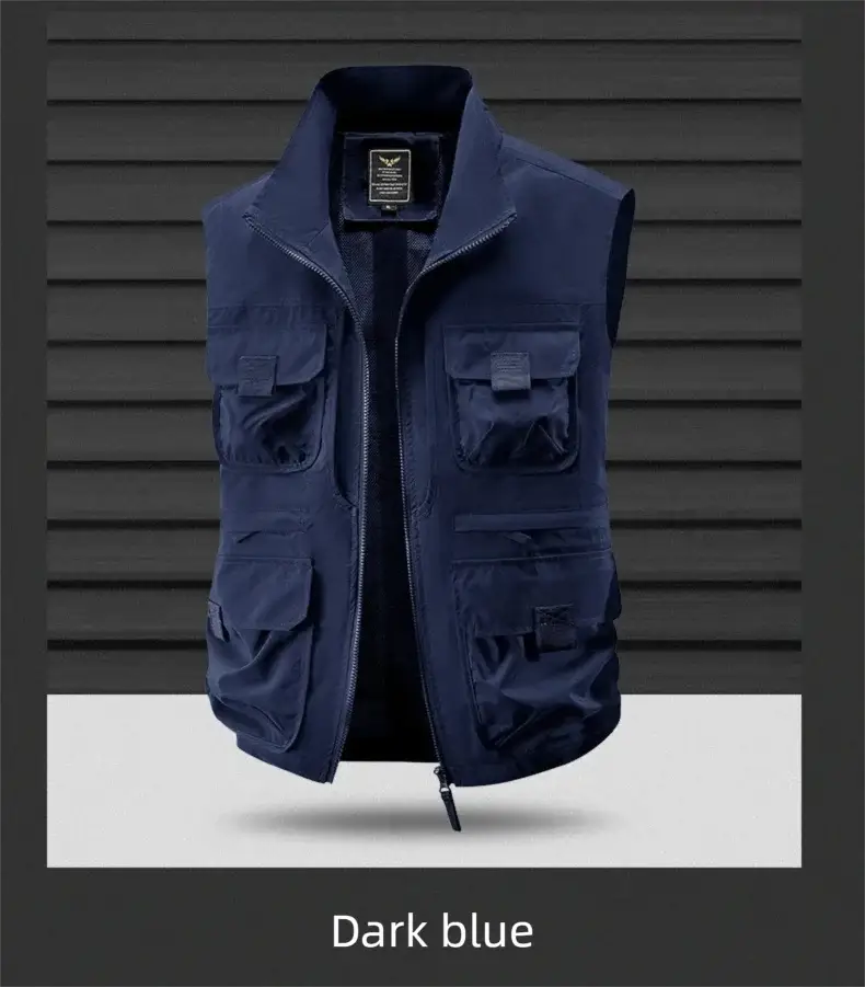 Men's dark blue outdoor fishing vest with multiple pockets, breathable quick-drying fabric and vertical collar