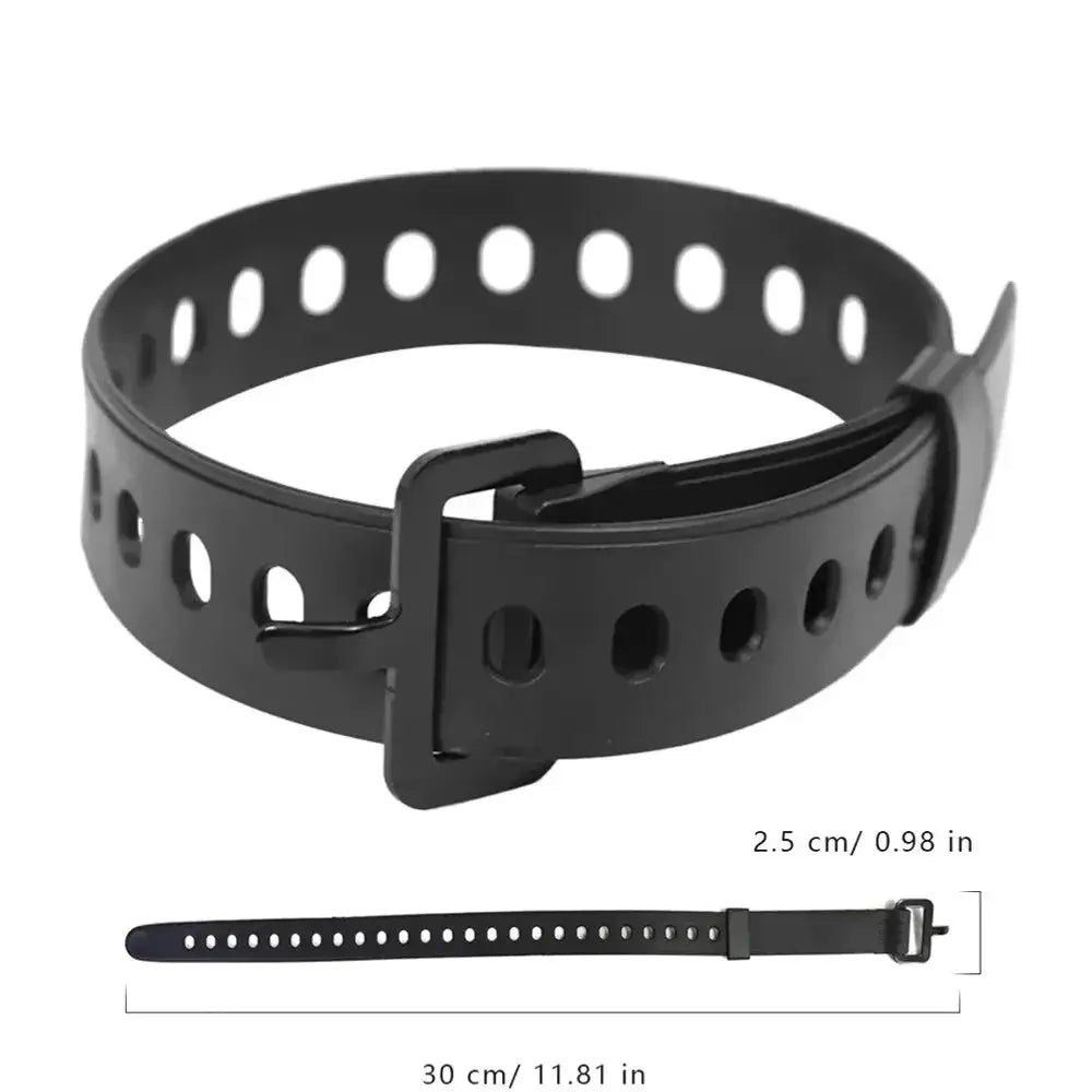 Rubber cargo strap with buckle by Simples Market; black perforated tension belt for travel and camping