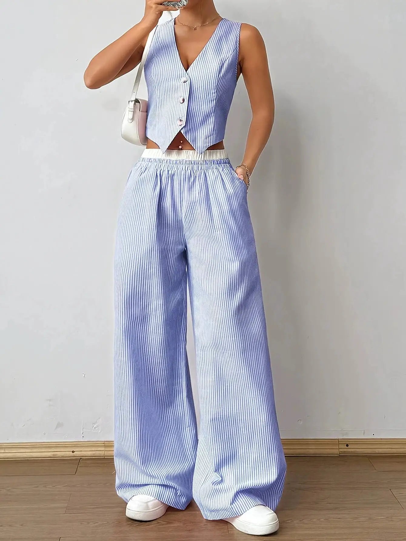 2025 Striped Sleeveless V Neck Vest and Color Wide Leg Pants Set
