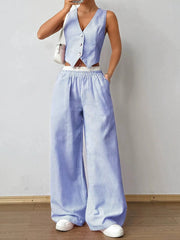 2025 Striped Sleeveless V Neck Vest and Color Wide Leg Pants Set