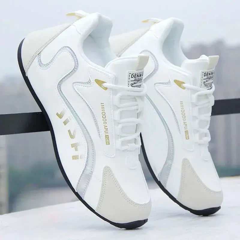 Men's white PU leather waterproof sneakers with light gray accents and black non-slip outsole, Simples Market