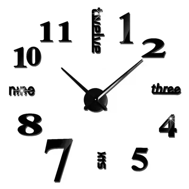 Large black 3D wall clock with acrylic mirror number stickers, Simples Market brand, modern living room decor.