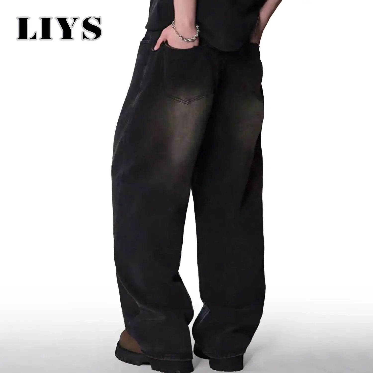 Simples Market men's baggy black denim jeans, wide-leg straight fit for casual streetwear