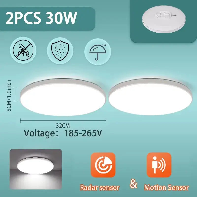 Simples Market radar ceiling light, 2pcs white round LED ceiling lamps with motion sensor, 30W, 185–265V